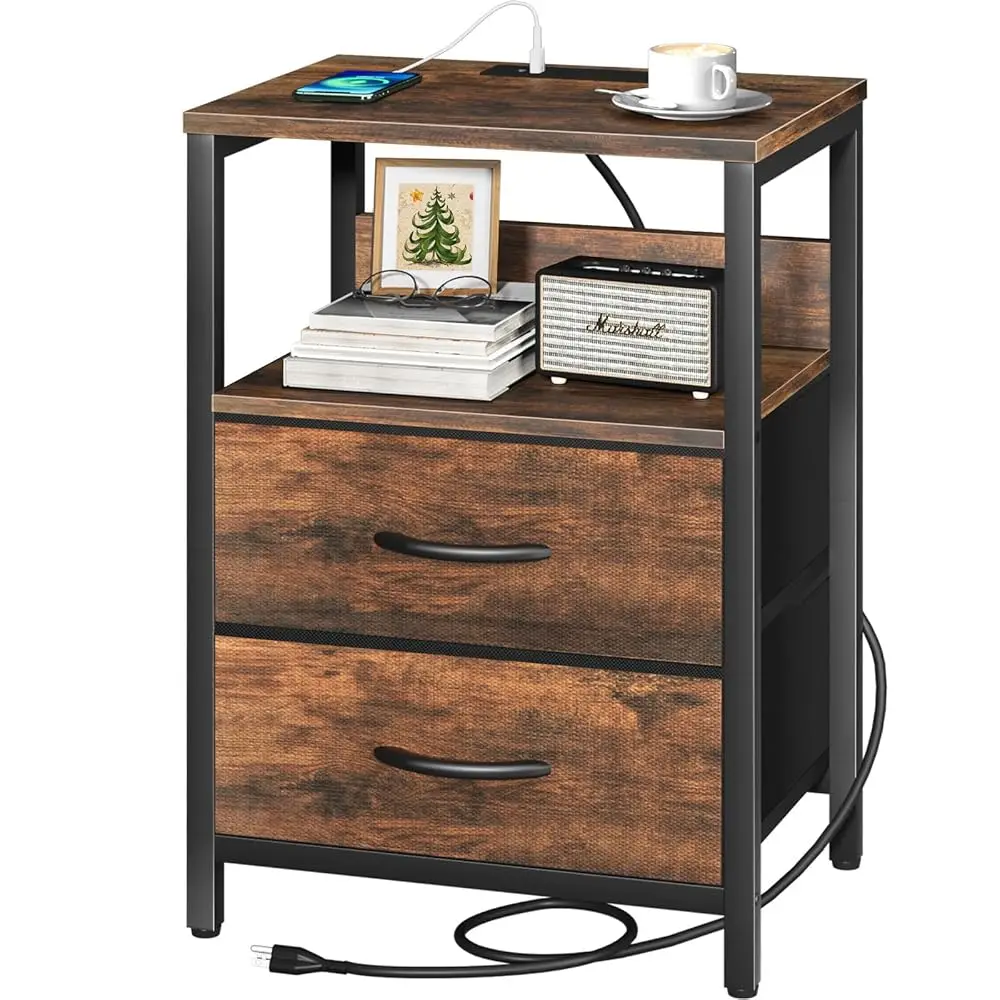 

Nightstand With Charging Station, Small Night Stand With Fabric Drawers And Storage Shelf For Bedrooms, Small Spaces, Bedside