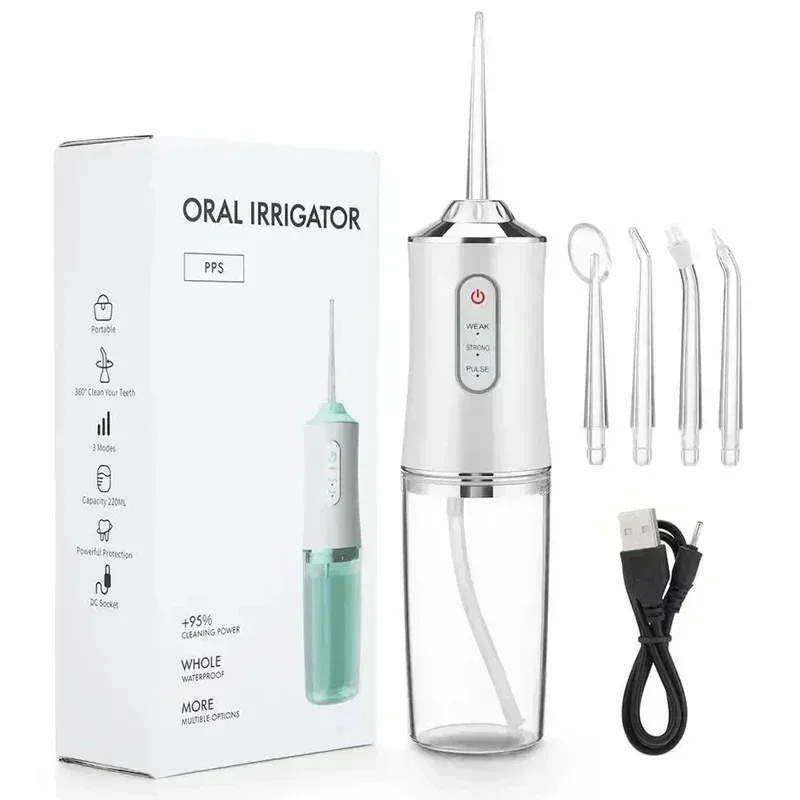 

Oral Irrigator Portable Water Jet Floss Tooth Pick USB Rechargeable Dental Water Flosser 4 Jet Tip 220ml 3 Modes Teeth Cleaner