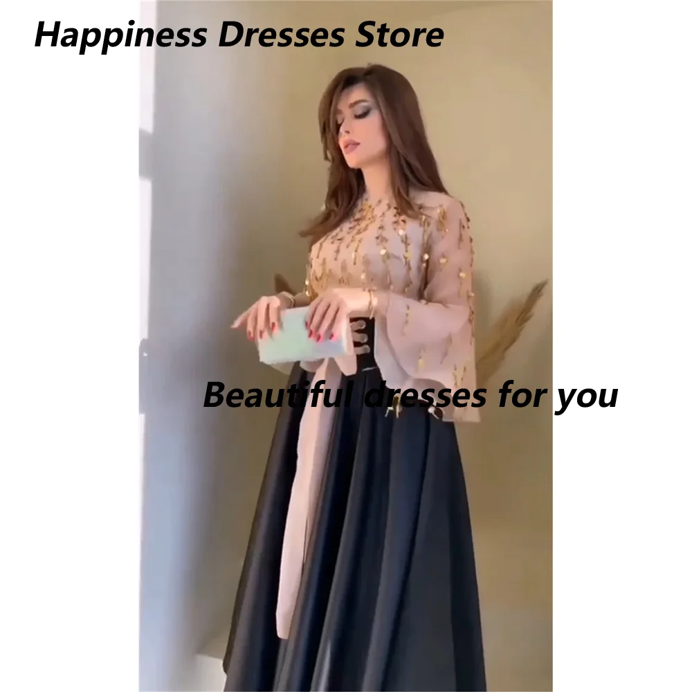 Vestidos de Noche elegantes personalizados con lentejuelas y cuello redondo, vestido de fiesta drapeado de manga larga para ocasiones especiales, vestido de fiesta de corte A ﻿