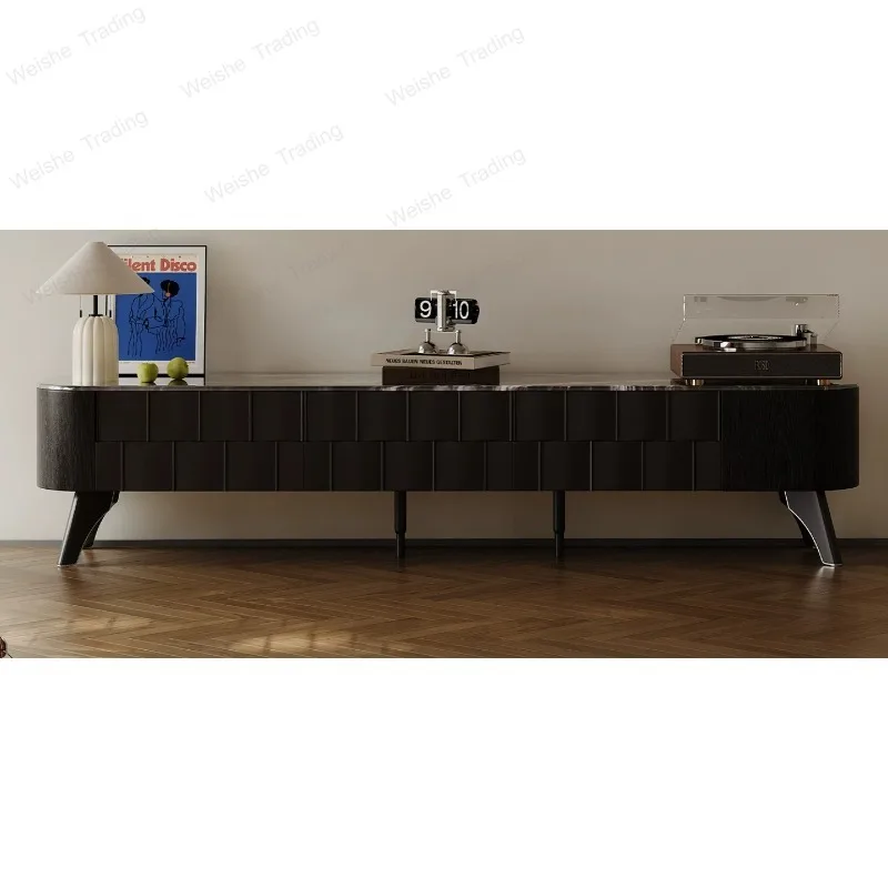 

Italian minimalist microcrystalline stone TV cabinet living room, black French floor cabinet light luxury high sense