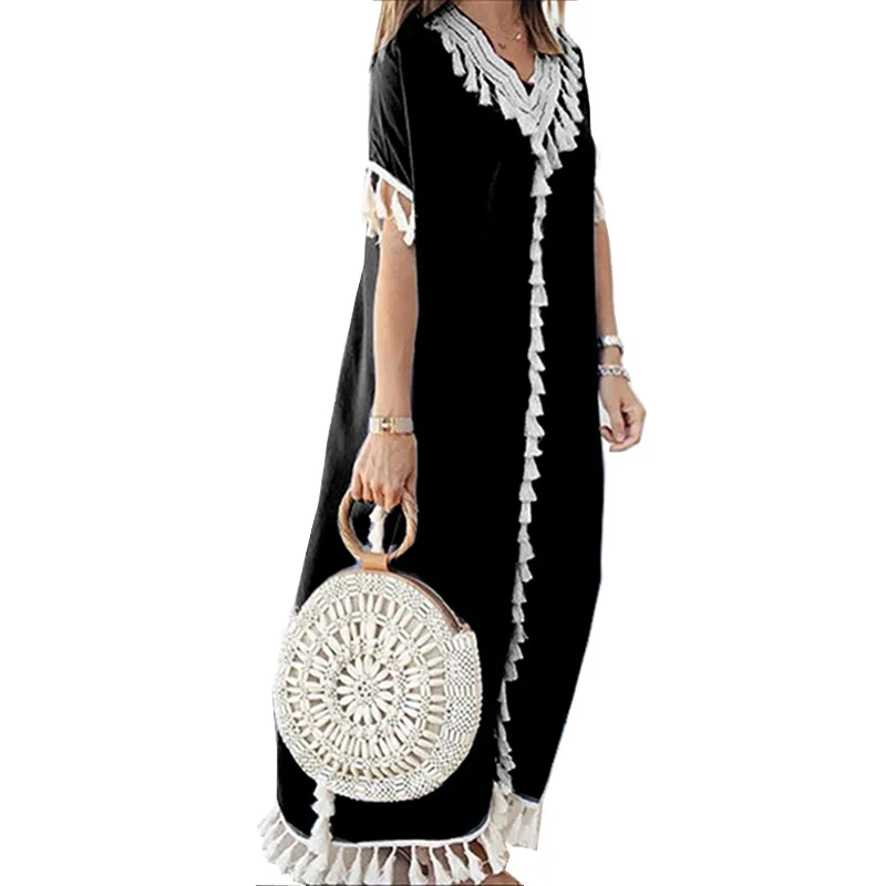 

Summer Women Bohemian Long Dress Sexy V-neck Tassel Beachwear Cover-ups Muslim Caftan Moroccan Sundress Islamic Loose Lady Abaya