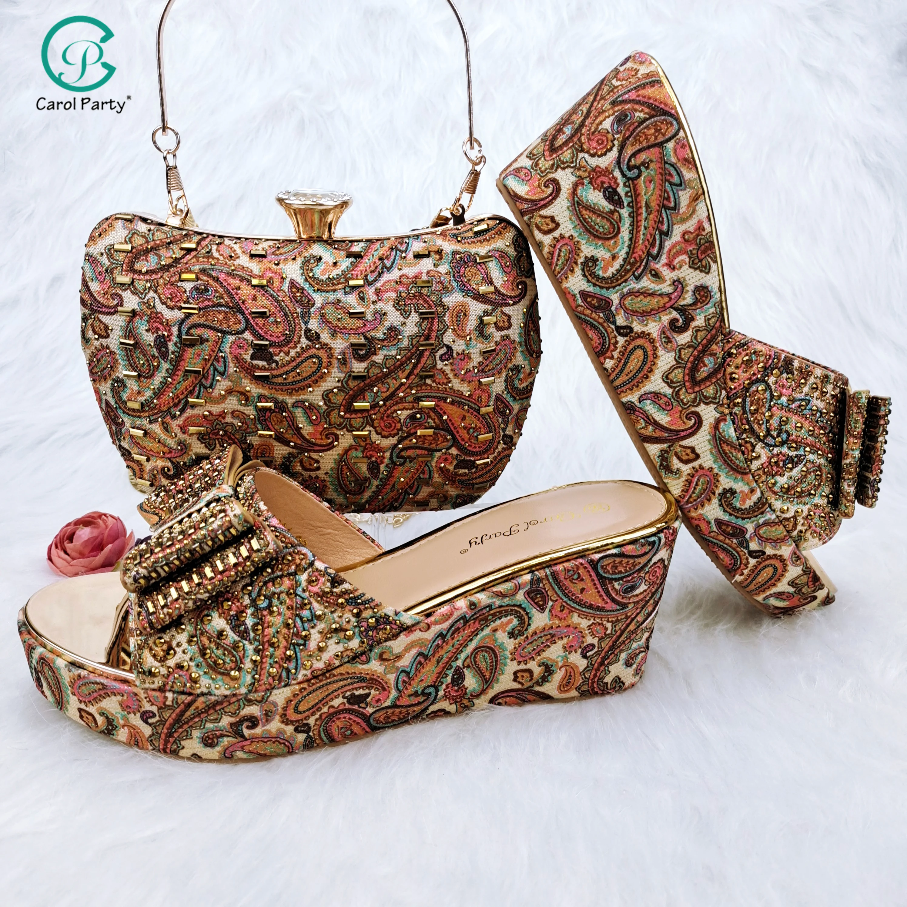 Italian Design Paisley Pattern Gold Color Women's Shoes and Bags Matching Party Fashion and Comfortable Heel Shoes