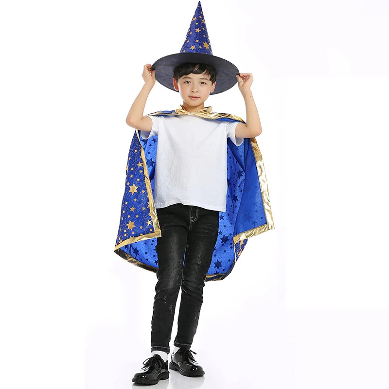 Sydanne Kids Magician Wizard Cloak Hat Cosplay Costume Hot Stamping Five-pointed Star Cloak Party Costume Halloween Costume