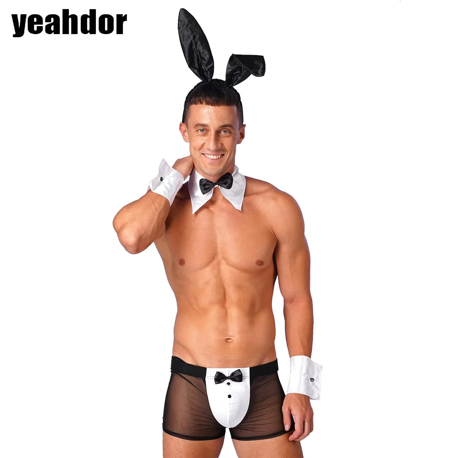 

Halloween Bunny Costume Set Mens Lingerie See Through Back Rabbit Ears Boxer Briefs with Bunny Ears Headband Collar Cuffs Suits