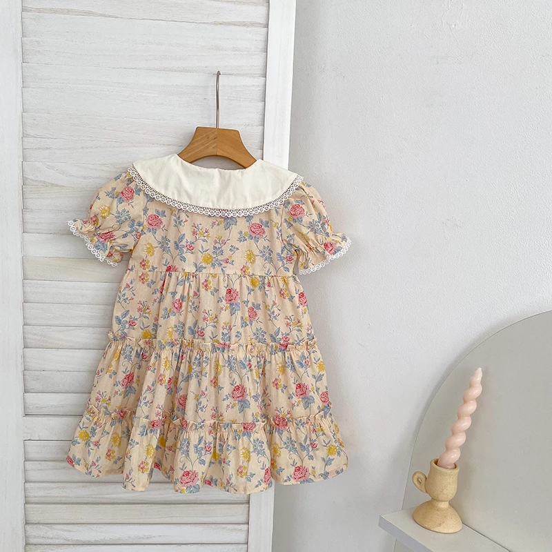 2026 Neues Mädchenkleid für den Sommer 2-6 Jahre Kurzarm-Kleid mit Blumenmuster Gerüschter Kragen Süßes Baumwollkleid – Detail 1