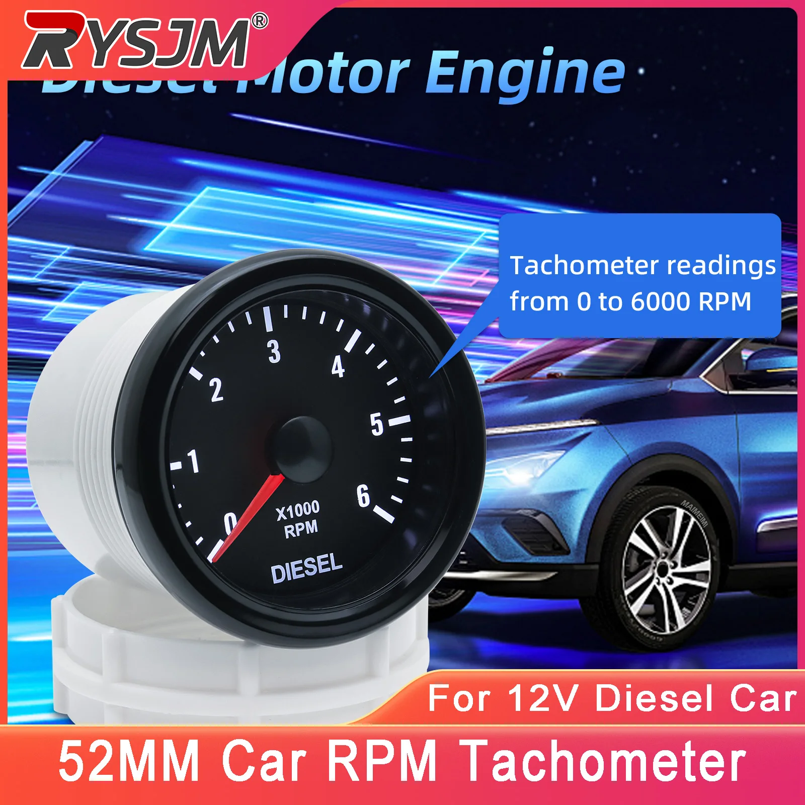 52MM Car RPM Tachometer 0-6000RPM Tacho Meter Gauge For 12V Diesel Engine Car