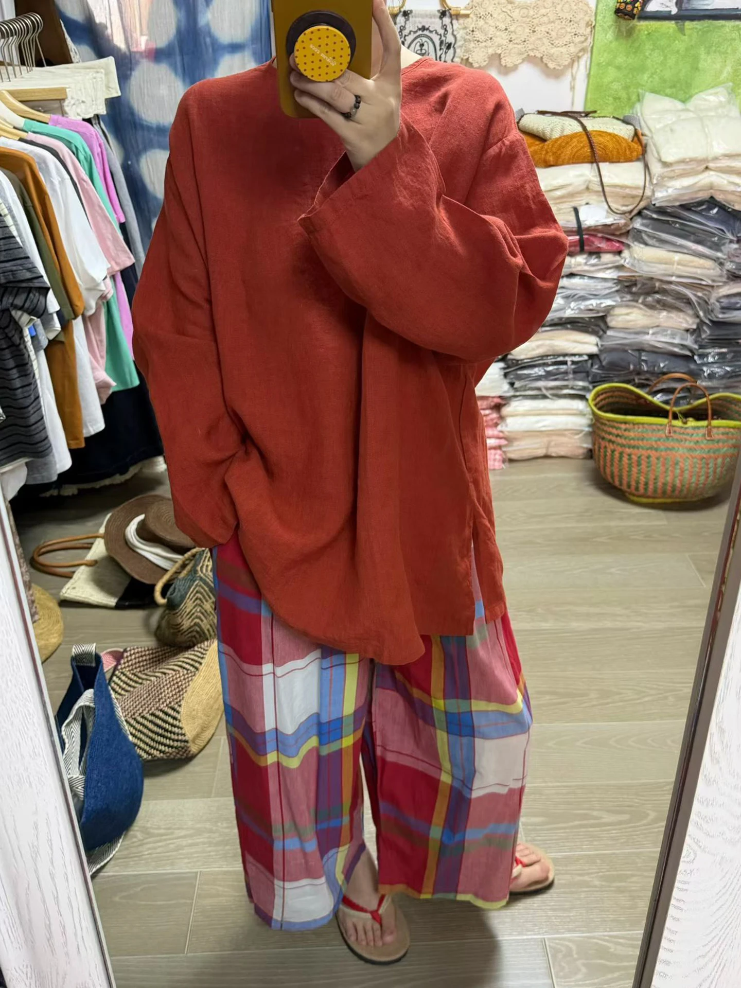 

Винтажные красные клетчатые брюки из хлопка и льна свободного кроя с эластичным поясом, больших размеров, женские, весенне-летние, модные, больших размеров