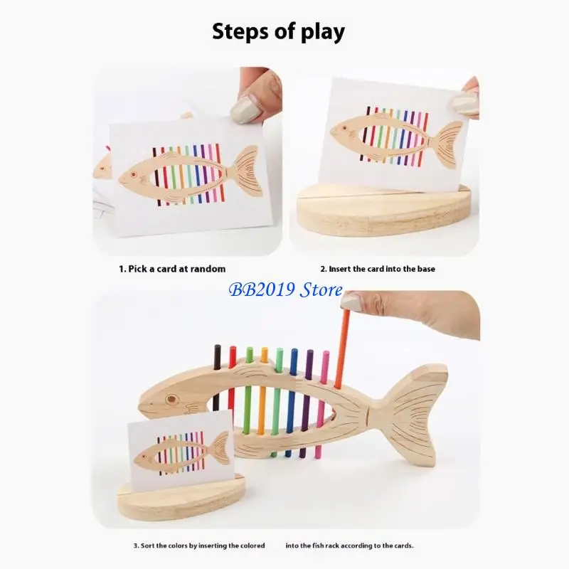Q0KB Interaktives Fischgräten-Lernspielzeug aus Holz zum Üben der Farbabstimmung und zur Entwicklung der Feinmotorik bei