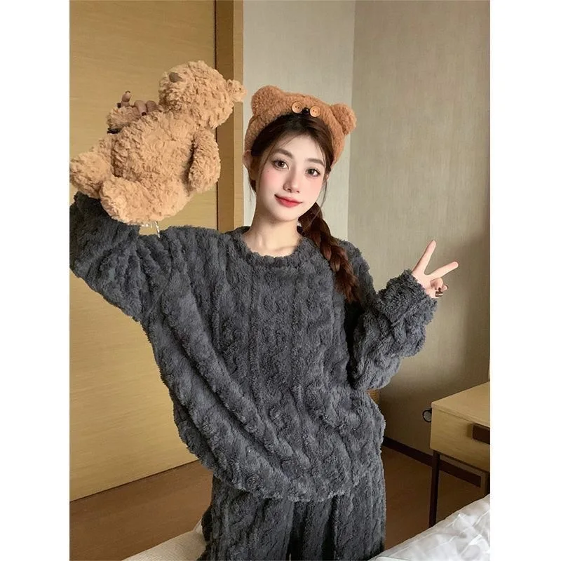 Autumn And winter Women Solid Warm 2 Piece Sets Thicken Velvet Ribbed Fleece Set Pullover And Pants Women Casual Pajama Sets
