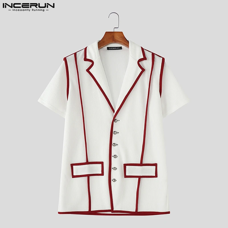 

INCERUN Men Blazer Patchwork Lapel Short Sleeve Button Casual Male Suits 2025 Streetwear Color-block Fashion Thin Coats S-5XL