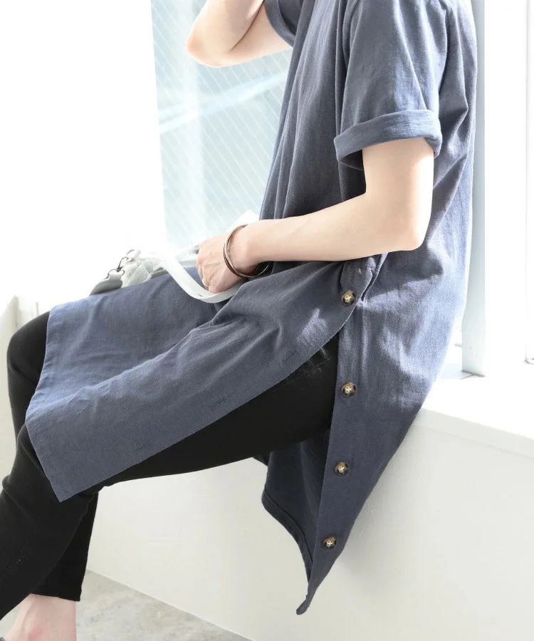 루즈핏 일본 스타일 티셔츠, 버튼업 코튼 린넨 미디 드레스, 사이드 슬릿, 클래식 라운드넥 여름 드레스