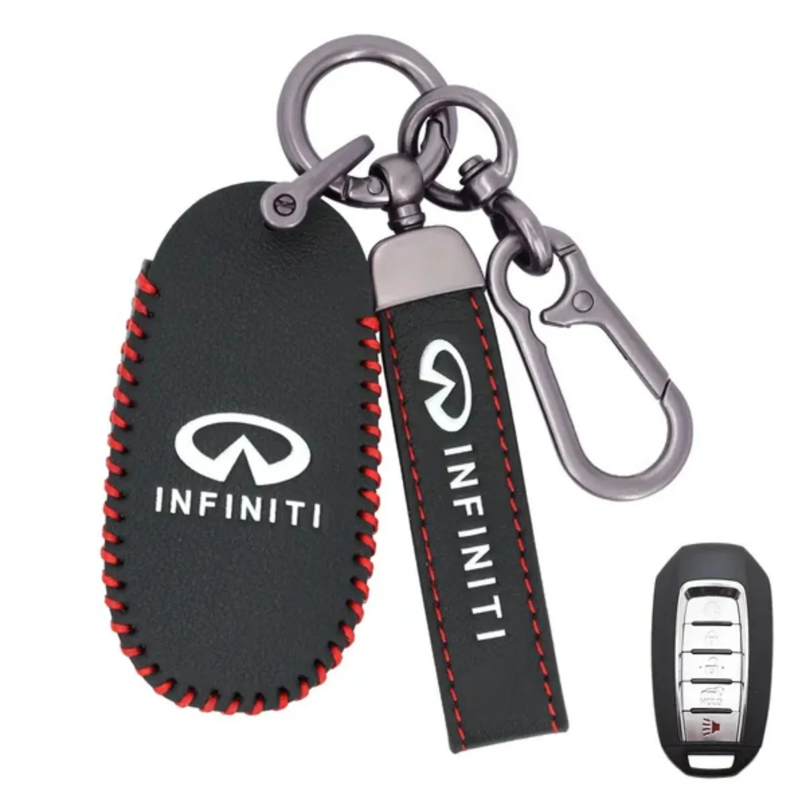 Leather Key Fob Case Cover for Infiniti with Key Chain, Key Holder Replacement Keychain for Infinity EX25 FX35 FX37 X50 G25 G35 G37 Q40 Q50 Q60 Q70 QX50 QX56 QX70 (5 Button) view 2