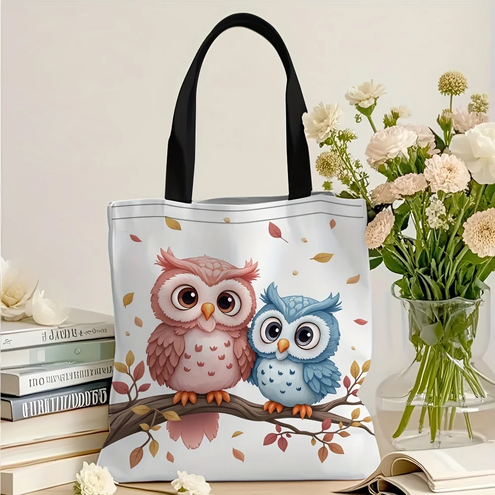 1pc Cute Owls Tote Bag Large Capacity Reusable Shopping & Storage Handbag Double-Sided Print Shoulder Bag Gift Handbag