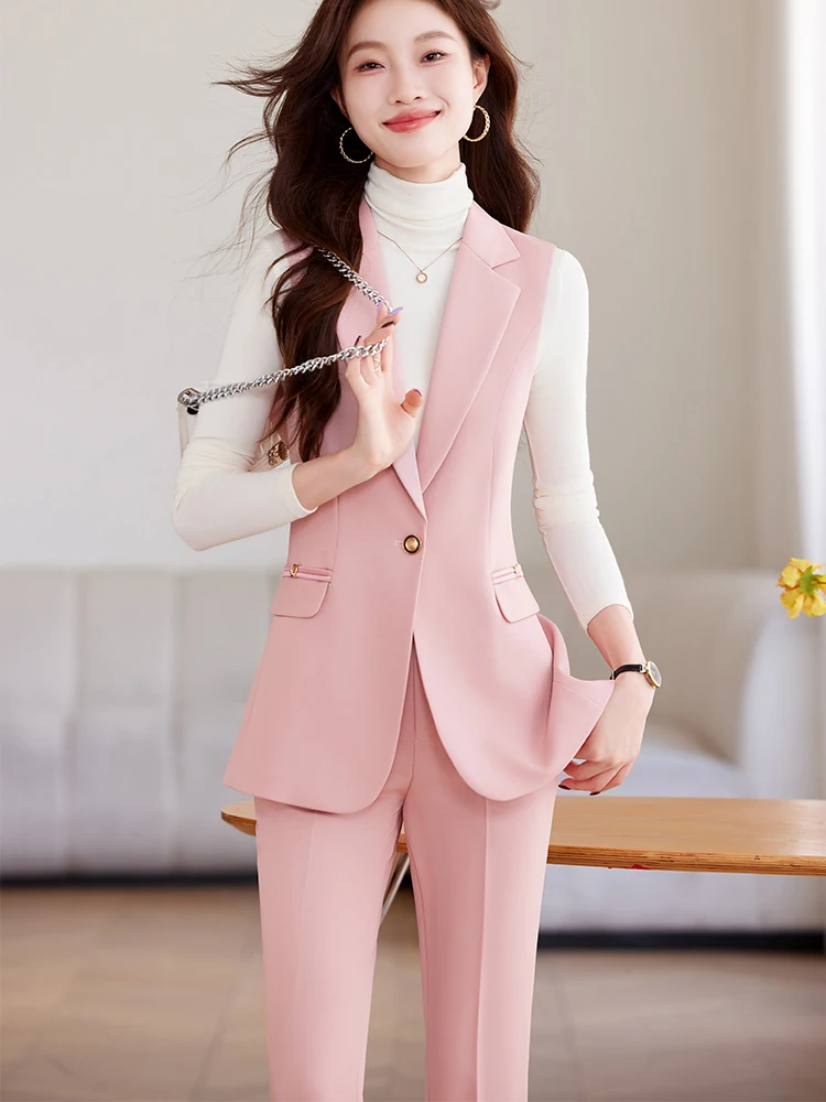 White Khaki Pink Black Women Pant Suit Solid 2 Piece Set Ladies Female Business Work Wear Formal Vest  And Trouser