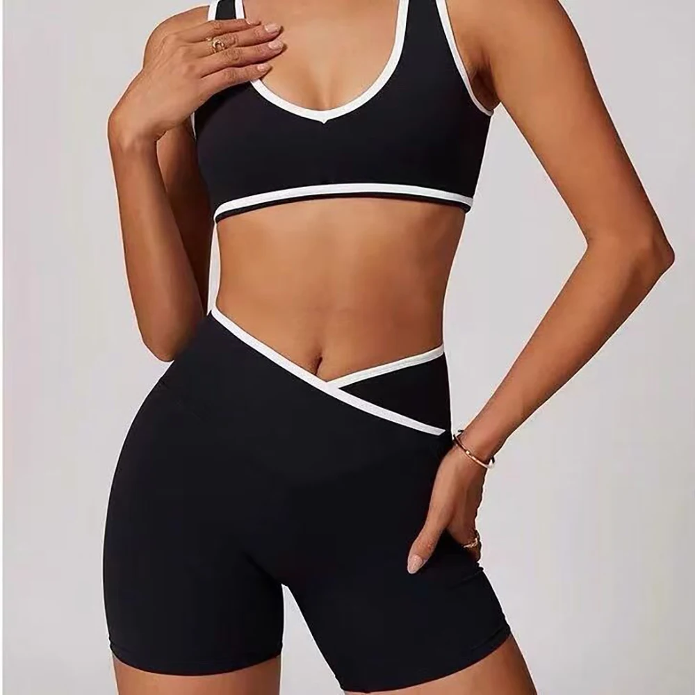 طقم يوجا نسائي عالي الخصر بظهر متقاطع وكتلة ألوان للجري واللياقة البدنية وإحساس ضيق ملابس رياضية بدون كم للارتداء النشط