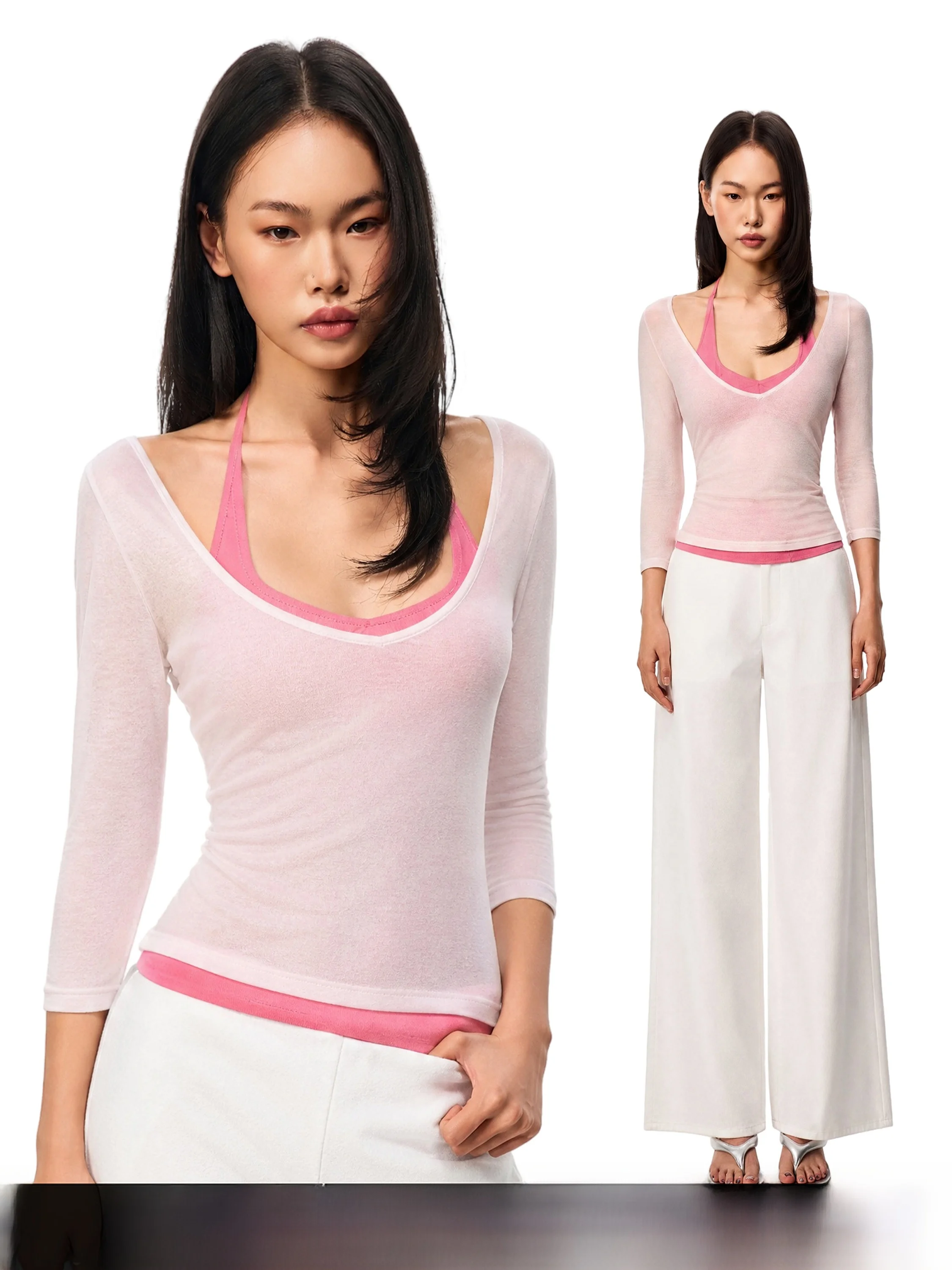 Gogo Burn American Style Seven-Quarter Sleeve Cover up T-Shirt Women's Neck Hanging Strap Vest Autumn Two-Piece Set Pure Desi...