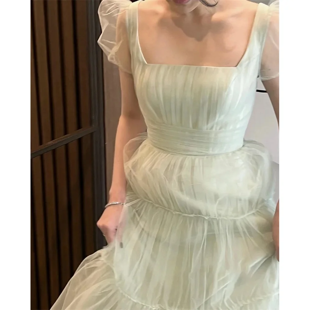 Light Green Fairy Tulle A-Line Wedding Dress Puff Short Sleeves Prom Dresses Floor Length Bridal Party Dresses For Korean Women