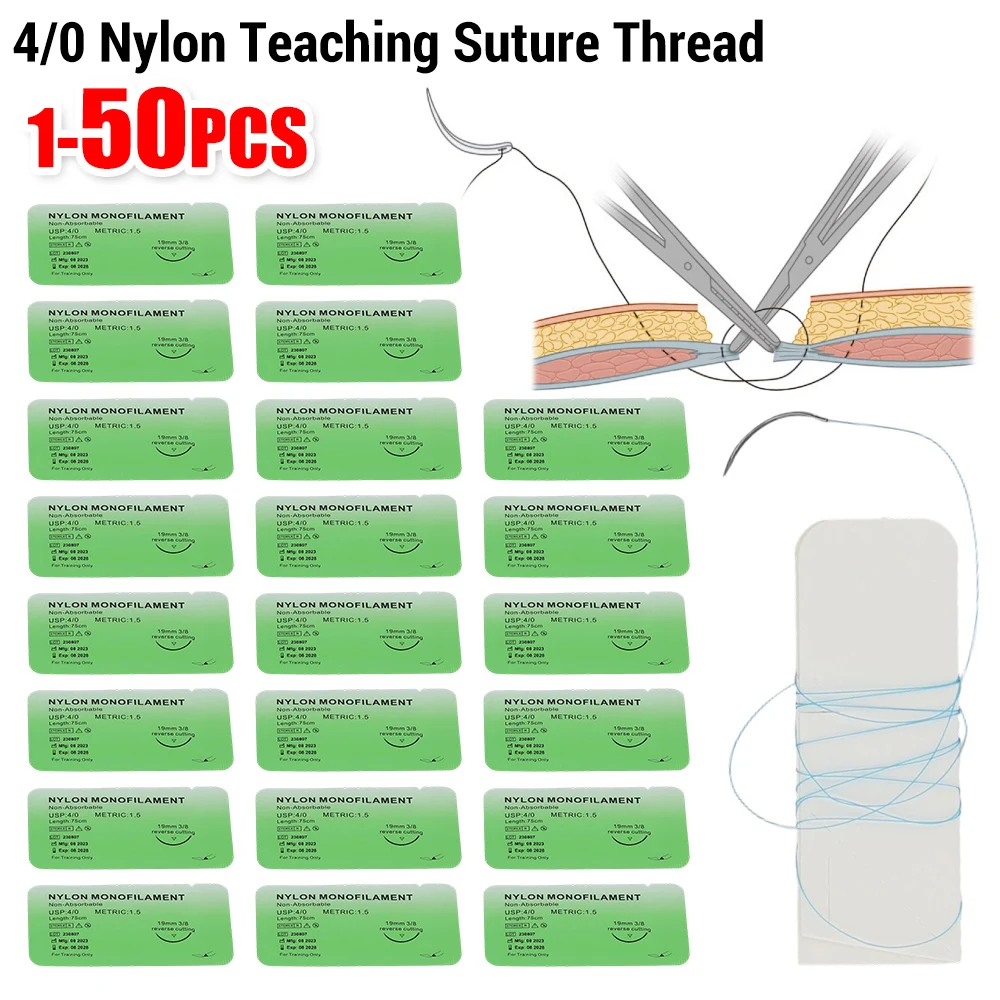 1-50PCS 4/0 Non-injured Medical Monofilament Thread Nylon Silk Veterinary Practice Suture Kit for Medical Students Education
