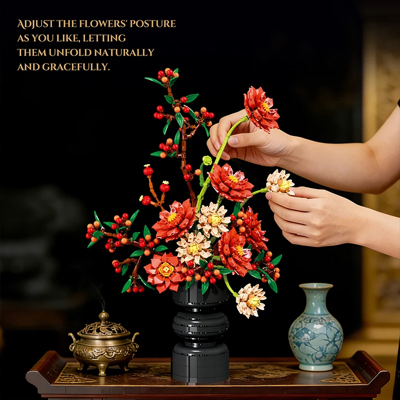 Blocs de construction créatifs de fleurs de chrysanthème Dahlia, fleurs éternelles Morandi, plantes en pot, briques, jouets de décoration, cadeau de saint-valentin