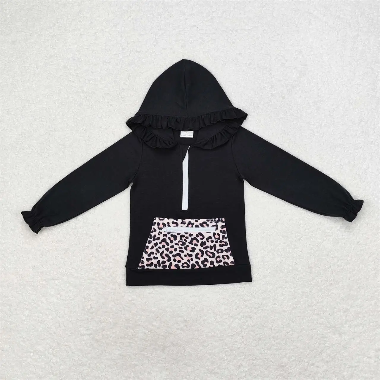 Wholesale Children Zipper Leopard Pocket Toddler Black Long Sleeves Hoodie Sportswear Shirt Kids Baby Girl Sweatshirt Clothes