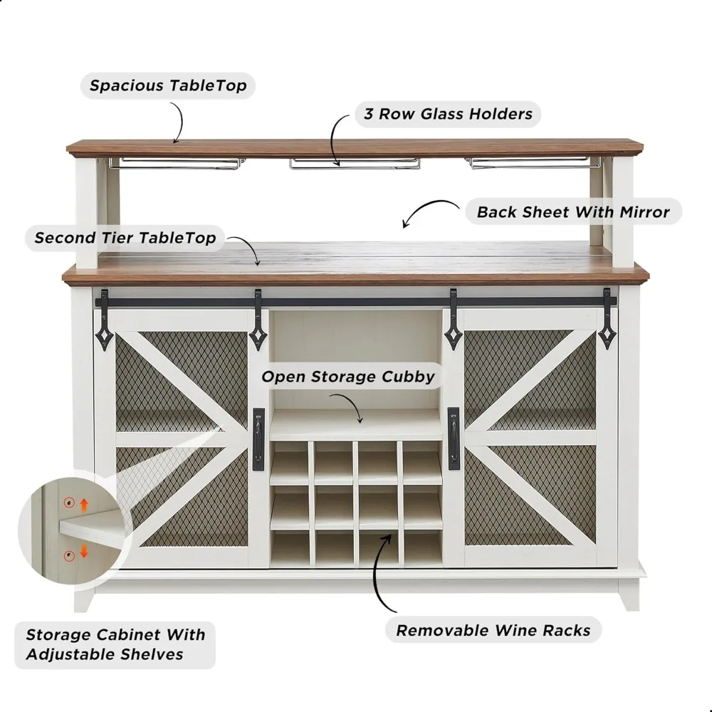 Cabinet with LED Lights, 55" Sideboard Buffet Table W/Sliding Barn Door & Wine and Glass Rack, Sturdy and Durable, Cupboard