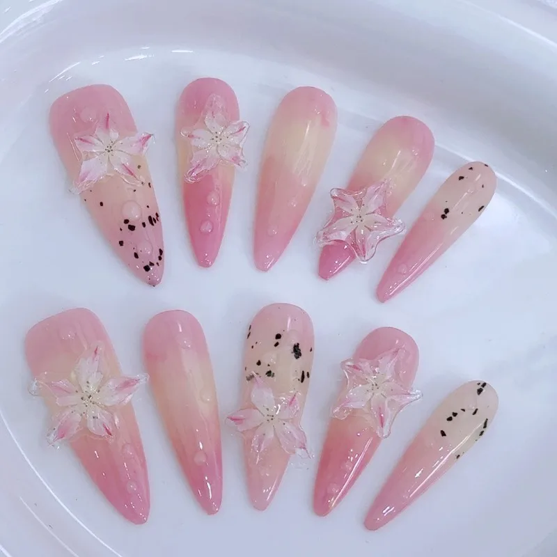 Summer Frozen Lilies Press On Nails Handmade 3D Embossed Pink Yellow Pistils Water Bead Smudge Fake Nails