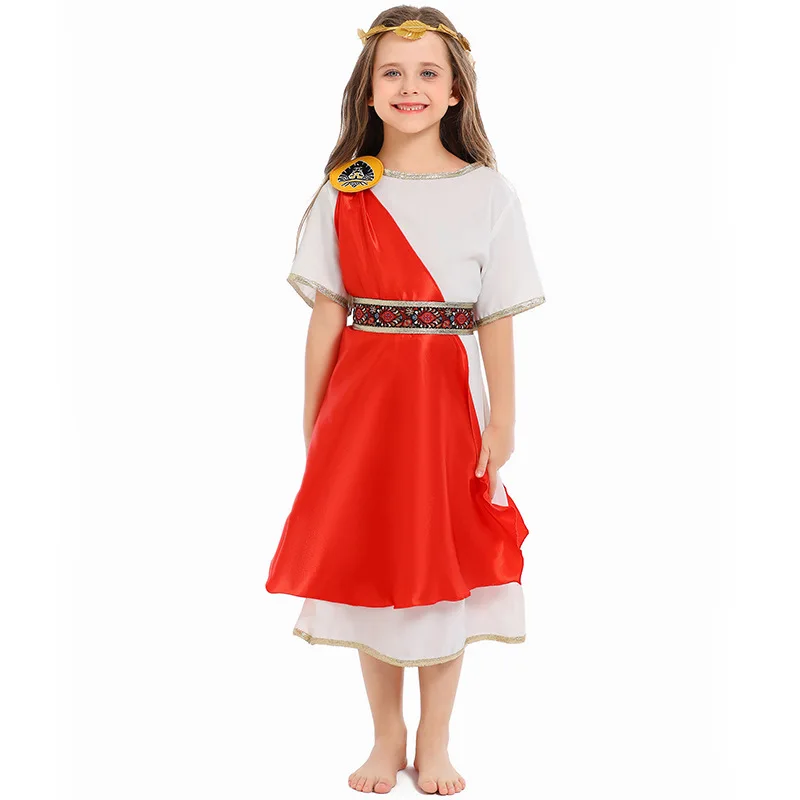 Kid God Cosplay Dresses Medieval Ancient Roman Queen White Long Dress Red Cloak Belt Crown 4Pcs Set Girl Christmas Halloween Cos