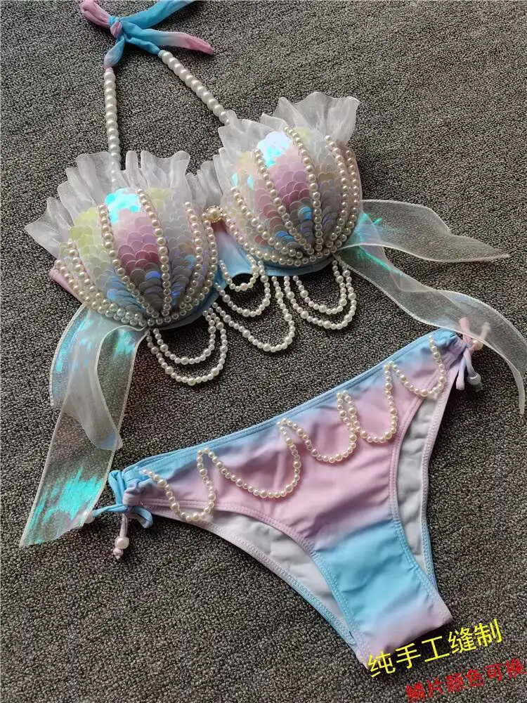 

Mermaid Swimsuit Women Bikini Handmade Sequins Shell Bikini Sets Freediving Show Swimwear Tassel Beading Chest Pad Cos Bar Bra
