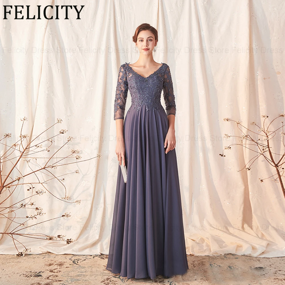 

FELICITY Classic Mother of the Bride Dresses 2024 A-Line V-neck Wedding Guest Dresses Chiffon Applique Beading Prom Evening Gown