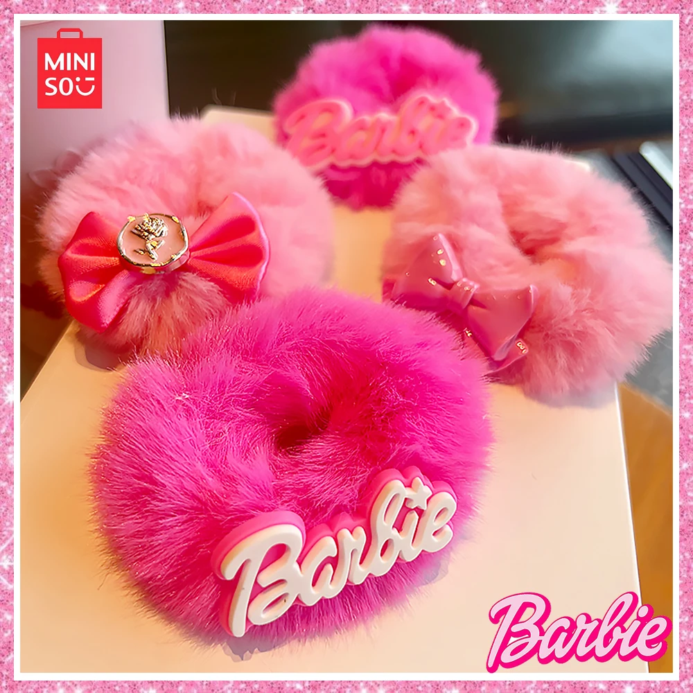 

Miniso Barbie Pink Japanese Korean Cute Sweet Bow Plush Hair Loop Plush Hair Rope Tied Horsetail Ball Headwear Gift