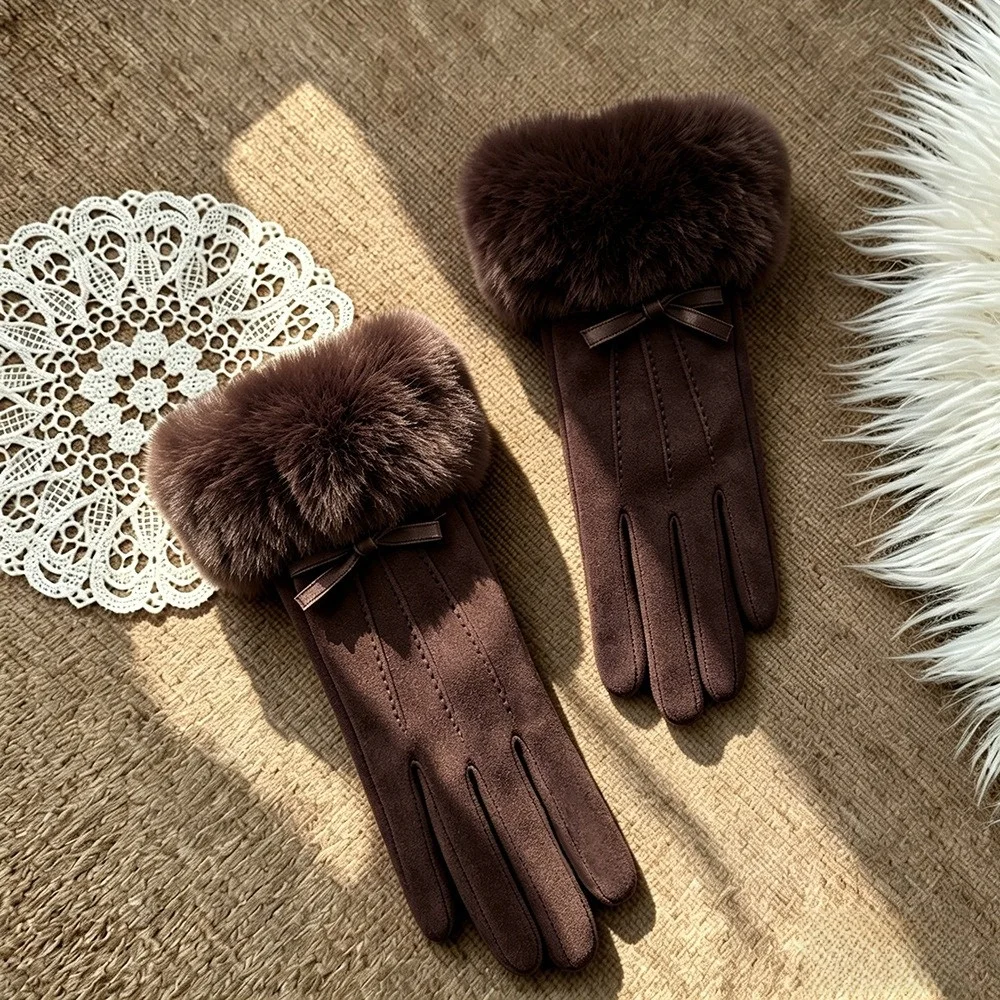 Faux Suede Material Winter Warm Gloves Thick Fleece Lined Furry Cuff Fleece Lined Gloves Warm Thermal Layer