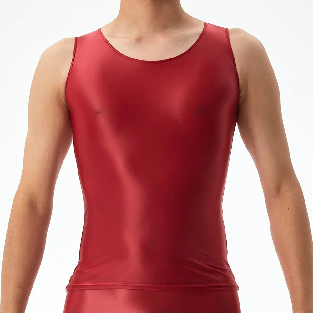 Men Top Top Casual O Neck Oil Shiny Sleeveless Smooth Tank Top Tights Widely Applicable High Quality Affordable