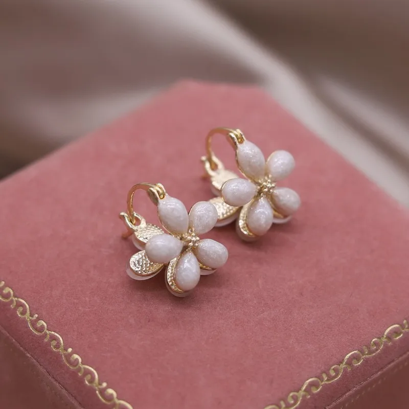 Korean New Design Fashion Jewelry 14K Gold plated Sweet Opal Flower Double sided Earrings Elegant Women's Daily Work Accessories