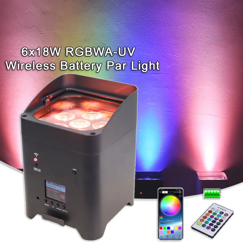 

YUER LED 6x18W RGBWA UV 6in1 Настенная стирка Стробоскопический эффект Батарея DMX Дистанционное управление через приложение для Dj Disco Outdoor Party Сценическое освещение