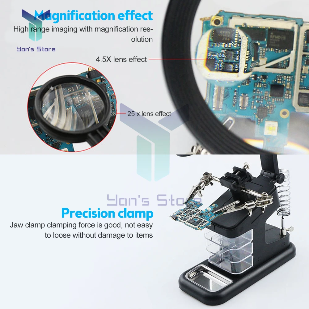 Multifunctional Electric Soldering Iron LED Magnifier 3X/4.5X Magnifying glass Alligator Clip Holder Helping Hand Welding Tools