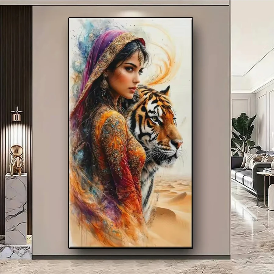 5D DIY Diamond Embroidery Painting Kit New Indian Woman Animal Tiger Mosaic Art Adult Decoration Gift