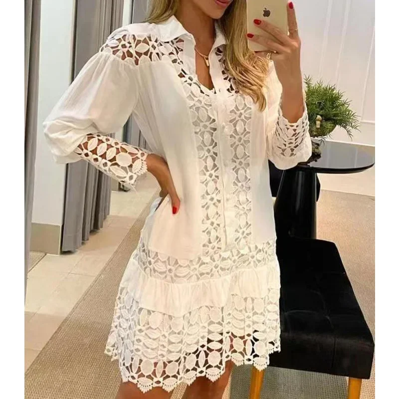 Spring Summer Shirt Dresses Women Elegant Lace Patchwork Hollow Out See Through Slim Dress Ladies Buttons Ruffles Party Dress