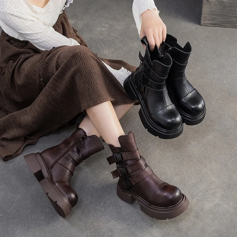 DRKANOL Fashion Women Platform Mid Calf Boots Autumn Winter Luxury Design Cow Genuine Leather Big Toe Thick High Heel Warm Boots