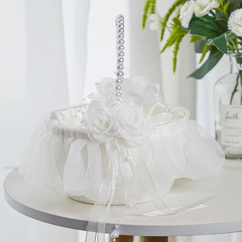 1pc Flower Girl Baskets Fairy Lace Bowknot Wedding Basket Lvory Petal Confetti Candy Party Supplies Fruit Basket Home Decoration image 2