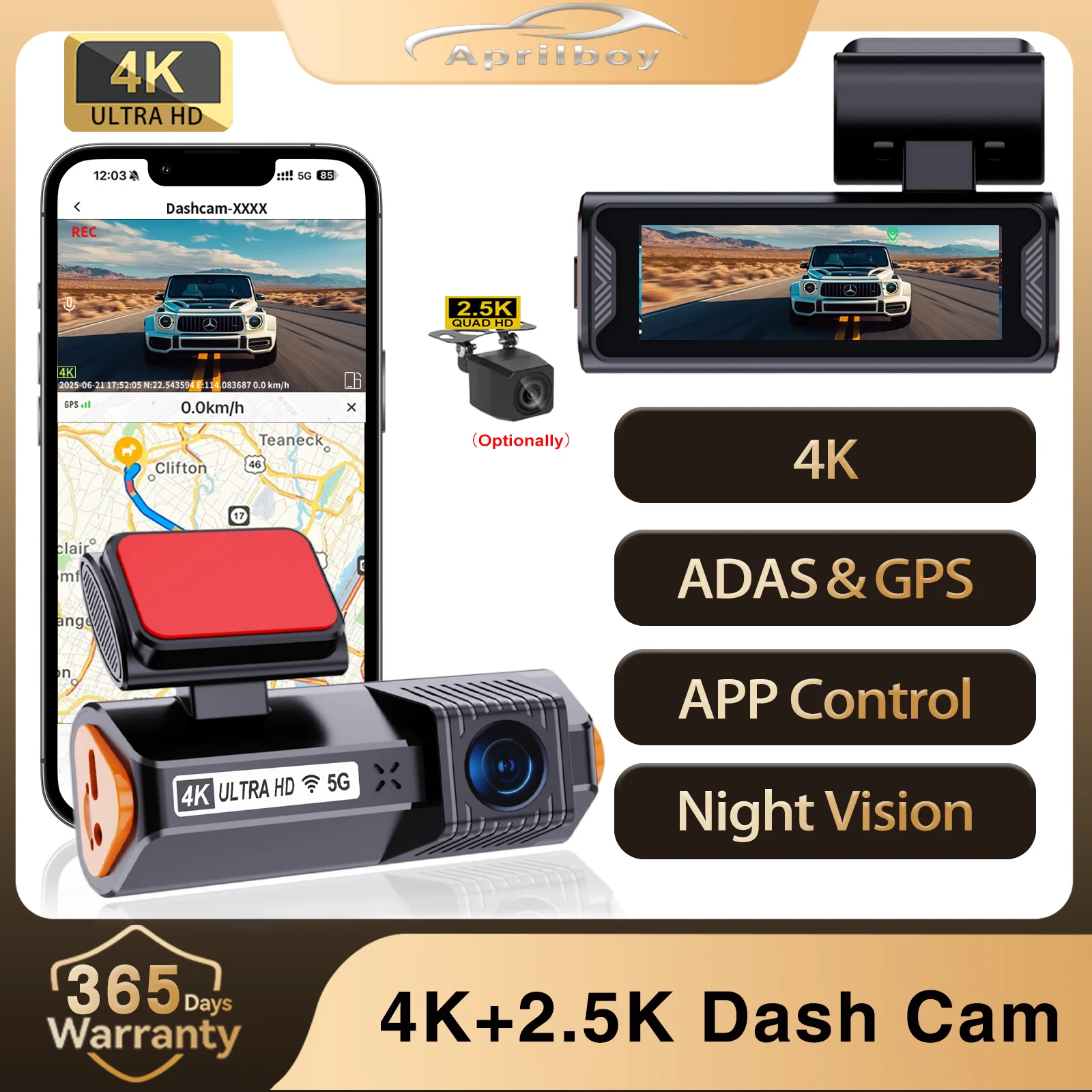 

Видеорегистратор Aprilboy Mini 4K с двумя камерами, задняя камера 2.5K, Wi-Fi, GPS, приложение, круглосуточное парковочное наблюдение, ночное видение