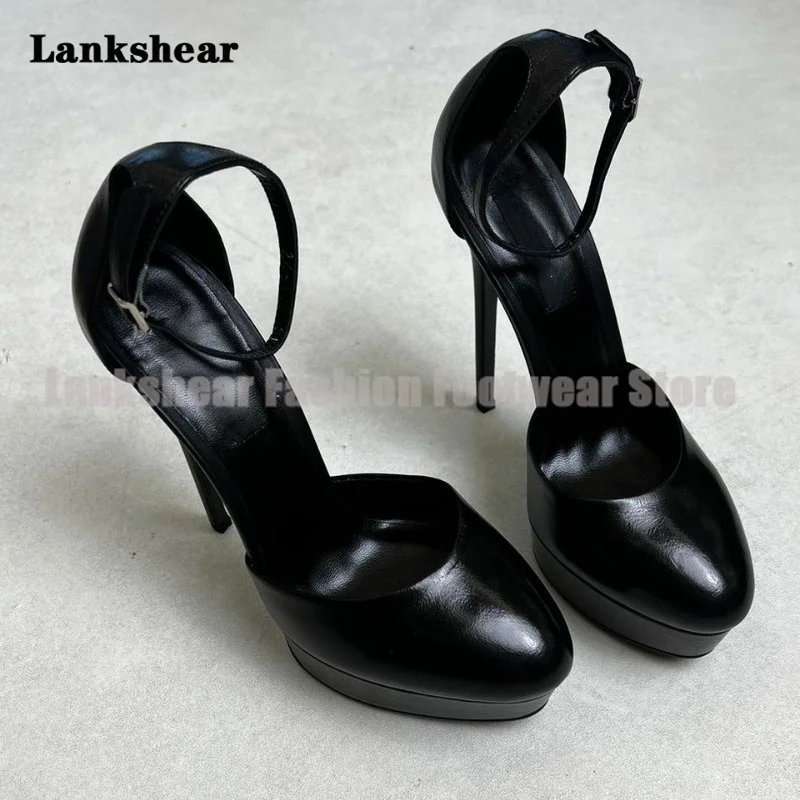 

Platform Stilettos Women's Sandals Black Leather Ankle Buckle Strap Luxury Designer Party Dress Shoes Sandalias De Mujer Verano