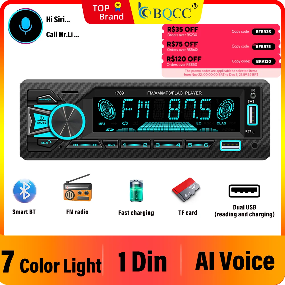 

BQCC 1 Din Car MP3 Player Dual USB BT FM AI Voice Mobile App Control 7 Color Lights Fast Charging Wiring Protection Car Stereo