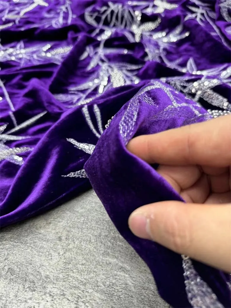 New High-End Purple Bottom Silk Velvet Machine Embroidery Fabric Bamboo Drizzle National Style Top Vest Fabric