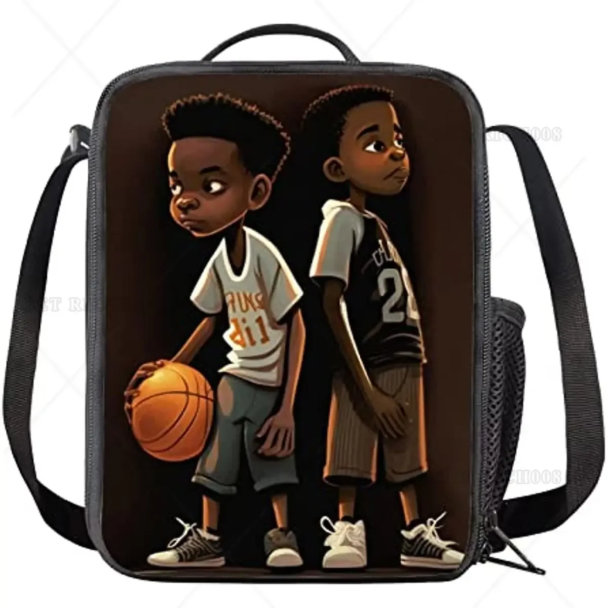 African Basketball Boys School Lunch Bag with Shoulder Strap Bento Lunch Box for Kids Food Bag with Bottle Holder