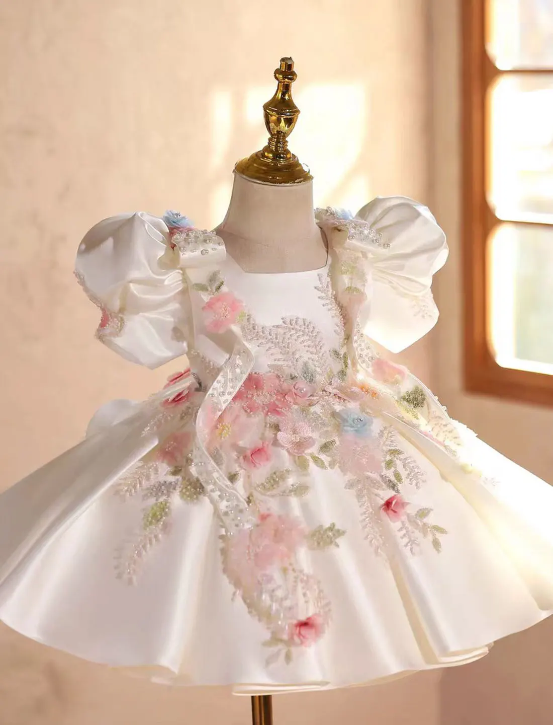 Jill Wish J840 Luxury White Girl Dress Beading Flowers Satin Knee Length for Children Wedding Birthday Party Pageant Ball Gown