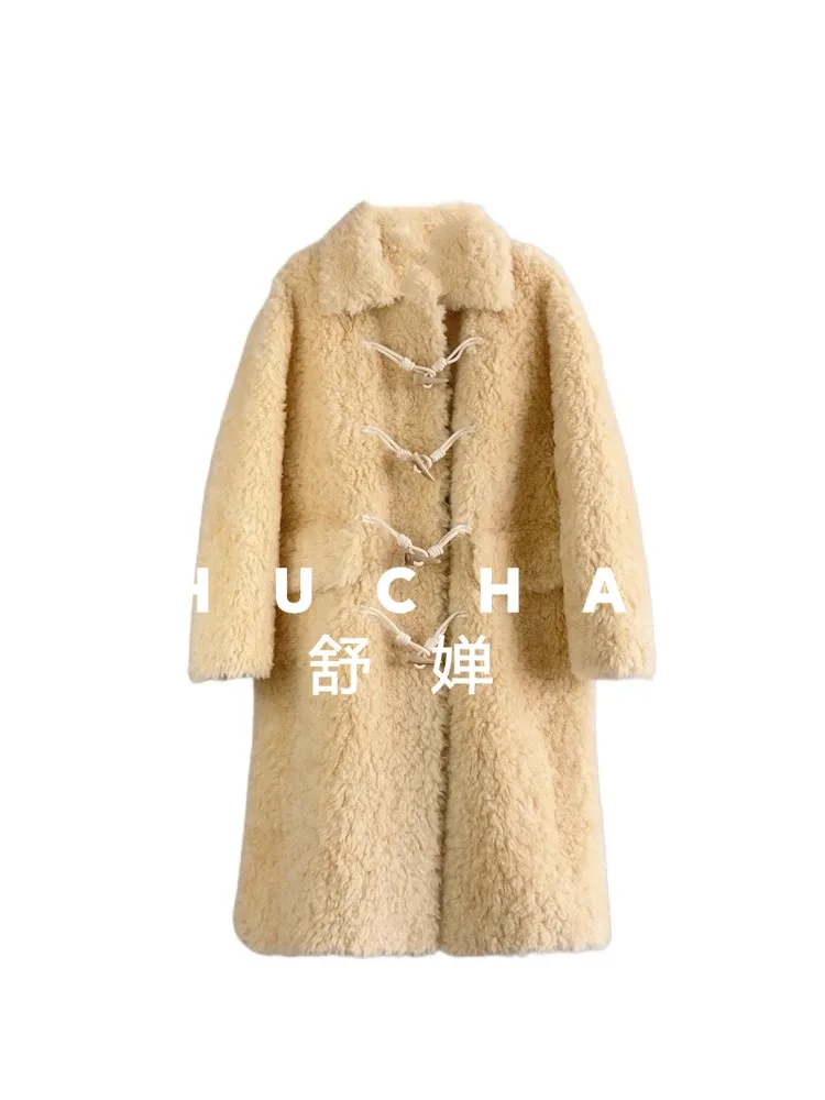 100% Wool Coat Women New Warm Sheep Shearing Long Horn Buckle Pure Wool Coat Fur  Casacos Femininos Inverno 2025