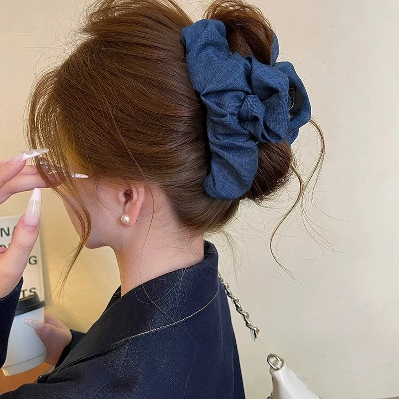 Korean Wrinkled Clouds Shark Clip Denim Cloth Ponytail Hairpin Female Elegant Temperament Fashion Female Hair Claw Accessories
