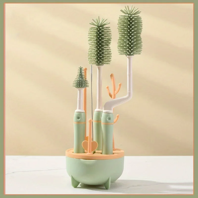 Baby Silicone Bottle Brush Long Handle Cleaning Brush Drying Rack Combination 360-degree Rotating Cleaning Bottle Brush Set