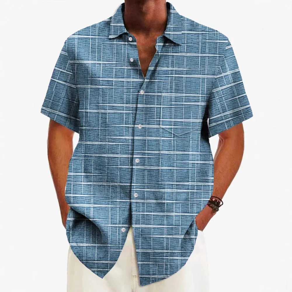 Interweaving Lines Print Casual Men Pocket Shirts Summer Hawaiian Island Shirt Streetwear Beach Button Down Casual Tops Clothing
