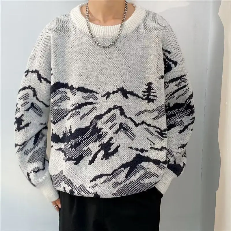 Vintage Jacquard Weave Sweaters Men's Clothing Chic Round Neck Spliced Autumn Winter Loose Korean Long Sleeve Knitted Pullovers